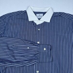 Emanuel Berg Dress Shirt Mens Large Blue Stripe Classic Fit Contrast Collar